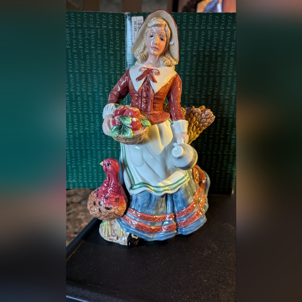 Colorful Ceramic Figurine with Basket and Turkey Vintage 2003